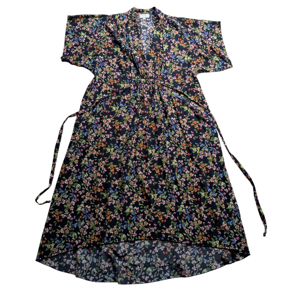 Johnny Was Jade 100% Silk Floral Dress Womens Small High-Low Wrap Navy Boho